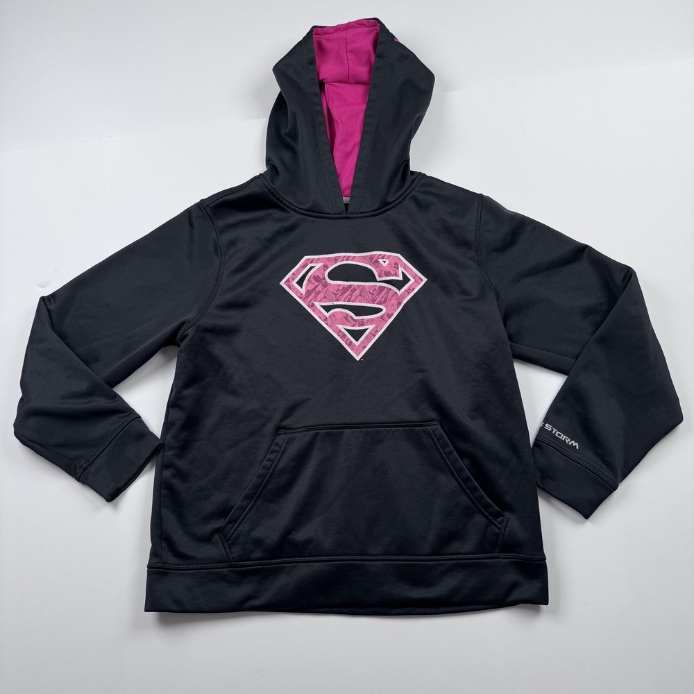 Under Armour Hoodie Youth Large Black Pink Superman ColdGear Storm Pullover